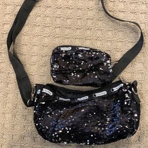 LeSportSac Black Sequin Purse and Pouch